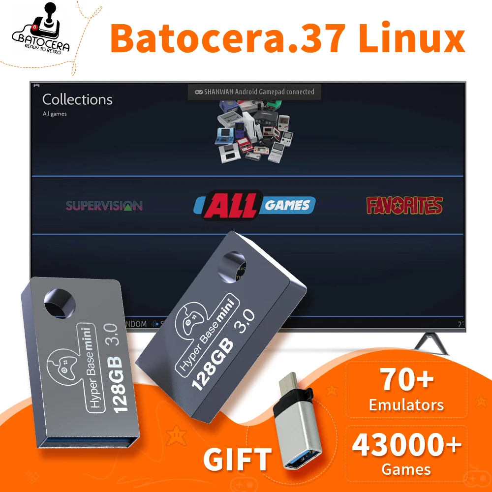 Portable 128GB USB 3.0 Disk Batocera 37.linux 70+ Emulators＆43000+ Retro Games for PS3/PS2/XBOX/Wii/MAME/SS/N64 for Windows 8-11