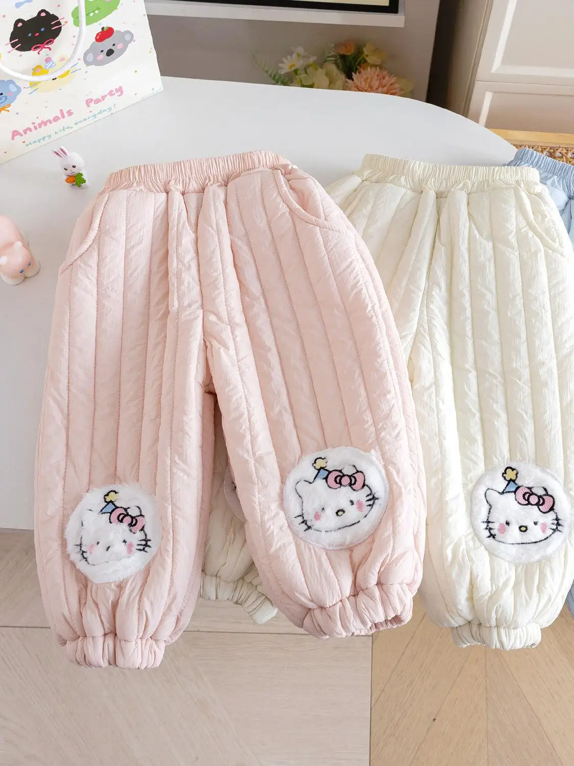 

Thiened Fce Patterned Children's Winter Trousers with Cuffs Warm And Sli Candy Color Plu Girls Pants