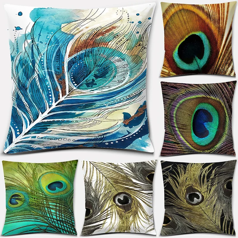 Peacock feather series pattern decorative pillowcase, square  home office decoration funda de almohada