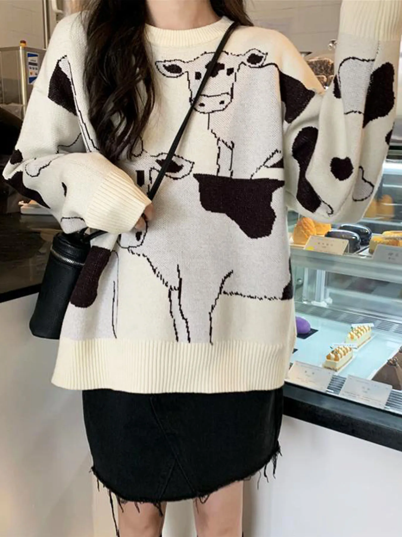 Women\'s Cow Print Thick Knit Loose Cute Winter Sweater Female Casual Kawaii Casual Girl Pullover Knitting Pullover for Women