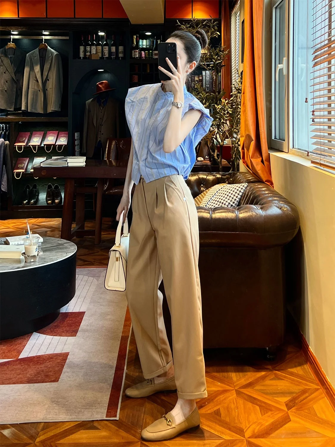 

Slimming High Waist Loose Harlan Khaki Color Nine Points Pants Simple Sle Women's Casual Trousers Polyester Fiber Zipper Cl...