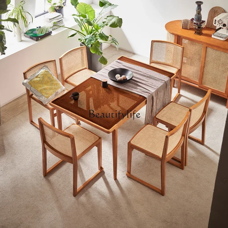 

09z.Nordic rattan dining table Nordic simple modern rectangular solid wood dining table