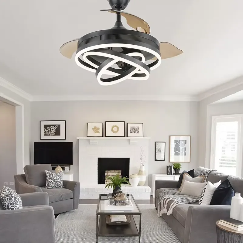 Modern LED Triple Fan Chandelier Black Retractable Intelligent Remote Control Ceiling Fan Light AC Motor for Living Room