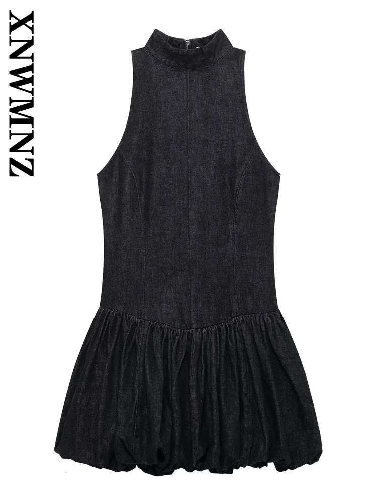 

XNWMNZ 2025 Summer New Female Casual Stand Collar Dresses Mini Skirt Sophisticated Lady Sleeveless Dress Regular Fit zipper Thin