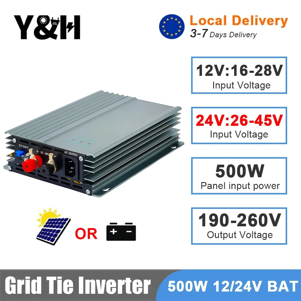 [Consegna locale] Inverter da rete Y&H 500W MPPT, microinverter 12V/24VDC a 220VAC per pannelli fotovoltaici / scarica batteria, regolabile