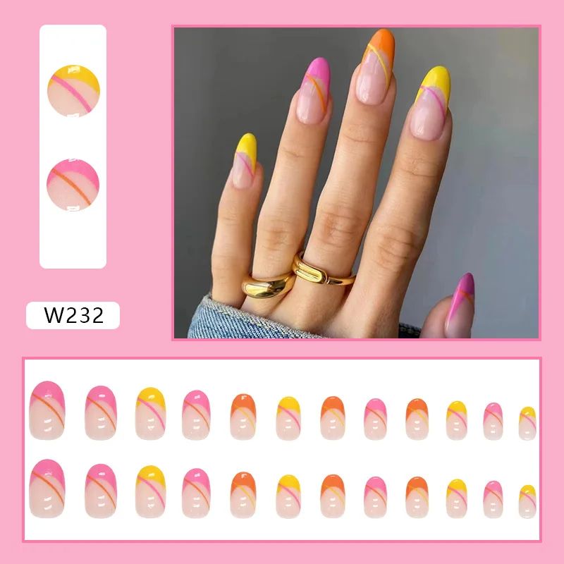 24szt Okrągła Głowa Kolorowe Francuskie Tanie Press on Nails Tips Migdałowe Akrylowe Sztuczne Owalne Wielokrotnego Użytku Klej Fałszywe Paznokcie Manicure