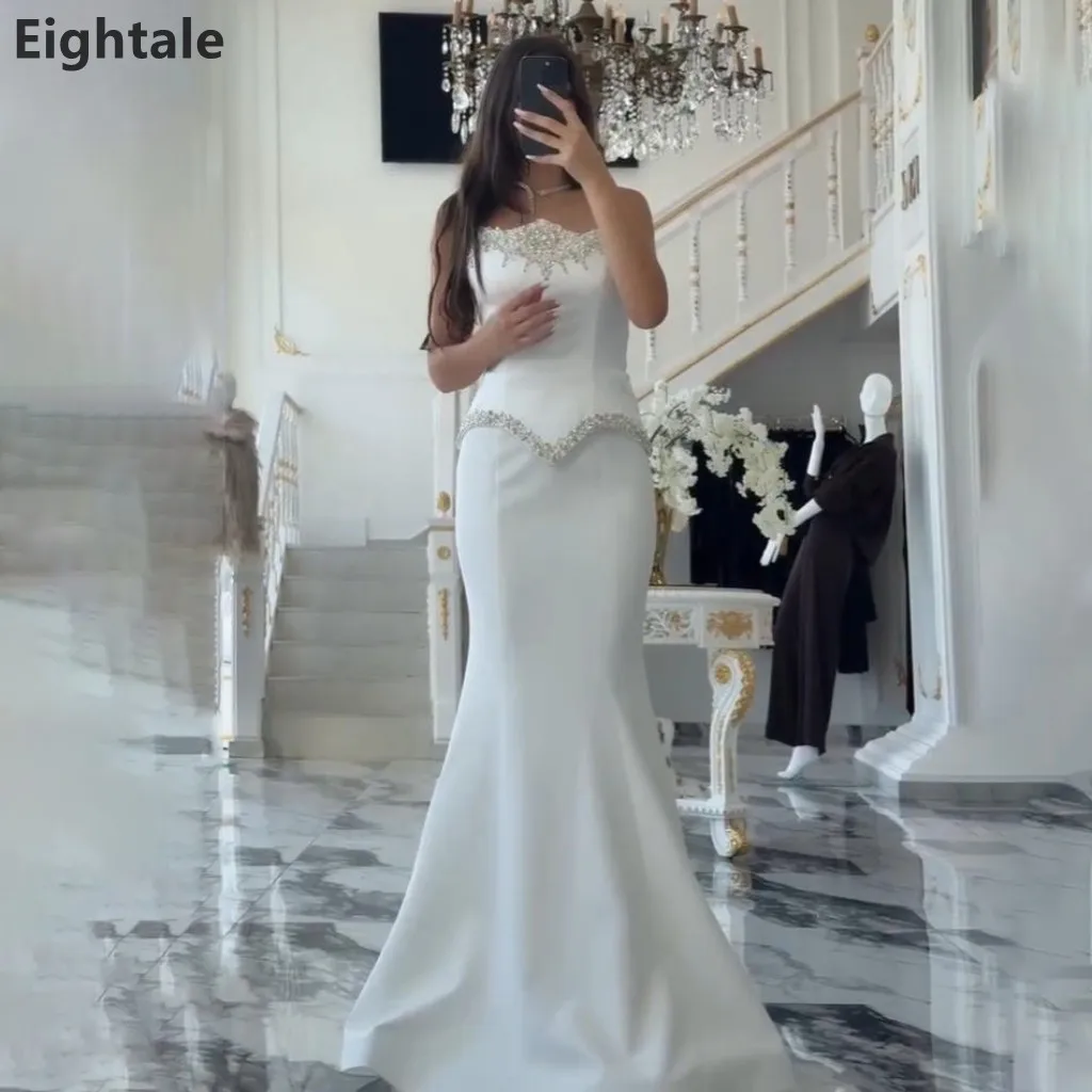 

Eightale 2026 White Mermaid Beaded Strapless Evening Dress Wedding Party Prom Dress Saudi Arabic Party Gown Customized