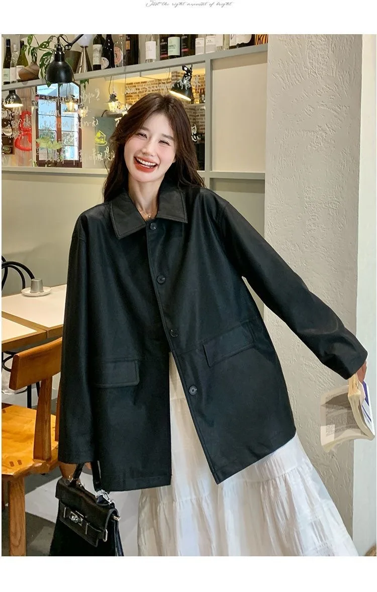 Casaco de couro feminino primavera-outono novo estilo com bordas de manga contrastante ajuste solto para emagrecimento confortável e casual