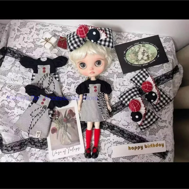 2 pezzi 2026 nuovo stile Abito finto in due pezzi con giunture nere + forcina per capelli con fiocco per Blythe (adatto per Lulu,ymy24,Ob22,24,26, zona, Jenny)