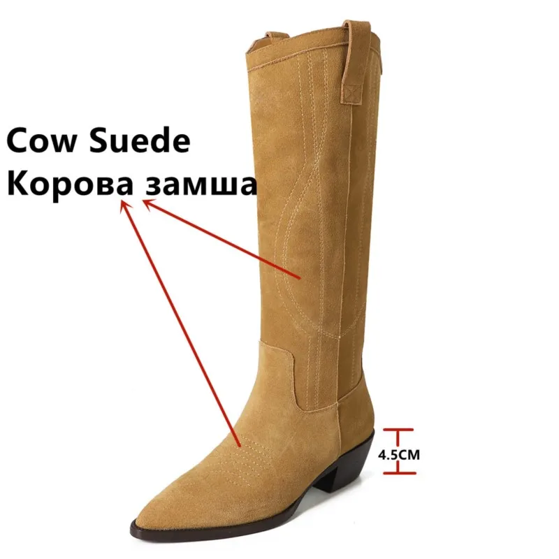 Dilalula Popular Western Women Knee-High Boots Cow Suede Leather High Quality Shoes Woman Pointed Toe Office Lady Autumn Winter