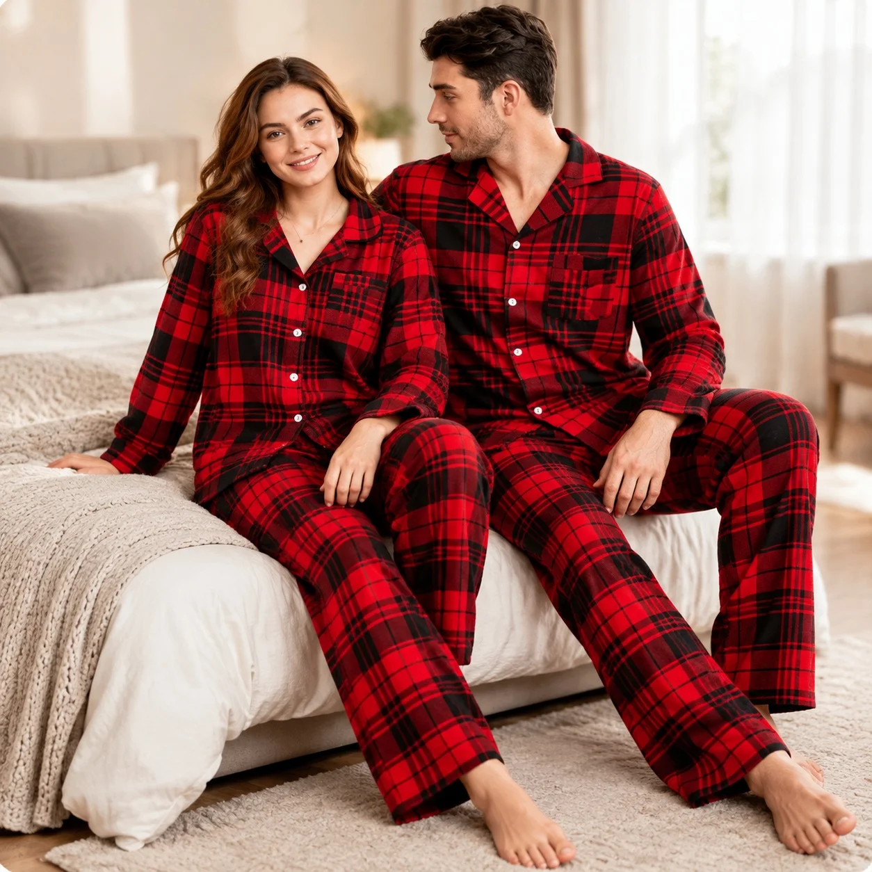Long Sleeve Turn Down Collar Pants Full Length Luxury Style with Matching Couple Pajamas Home Sleepwear for Women and Men