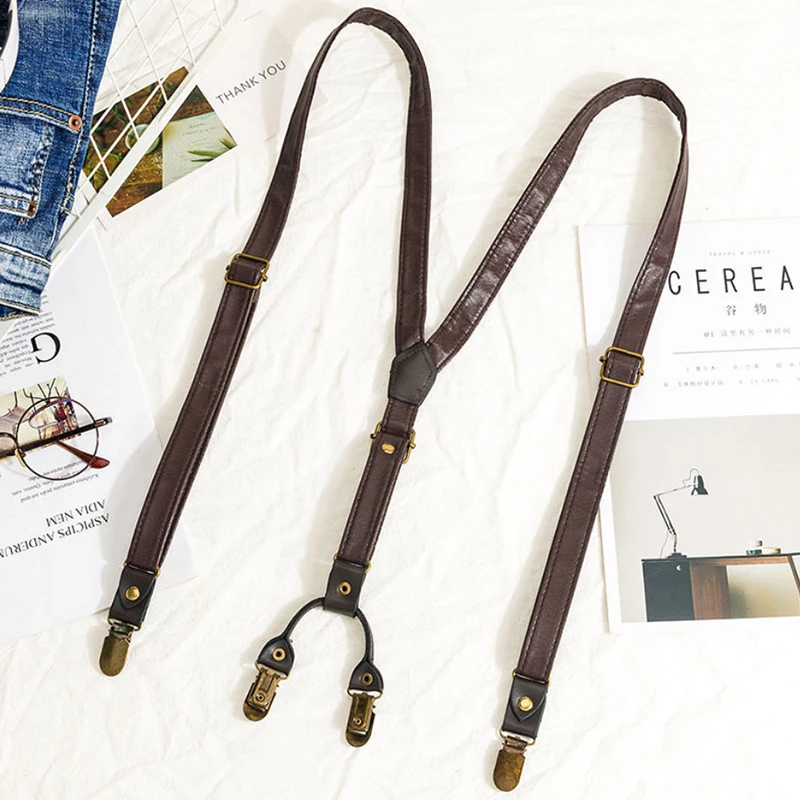 Heavy Duty Suspender Clips Men Pants Black Coffee Vintage PU Leather 6 Strap Clip 1.8*120cm Metal Copper Buckle Trousers Braces