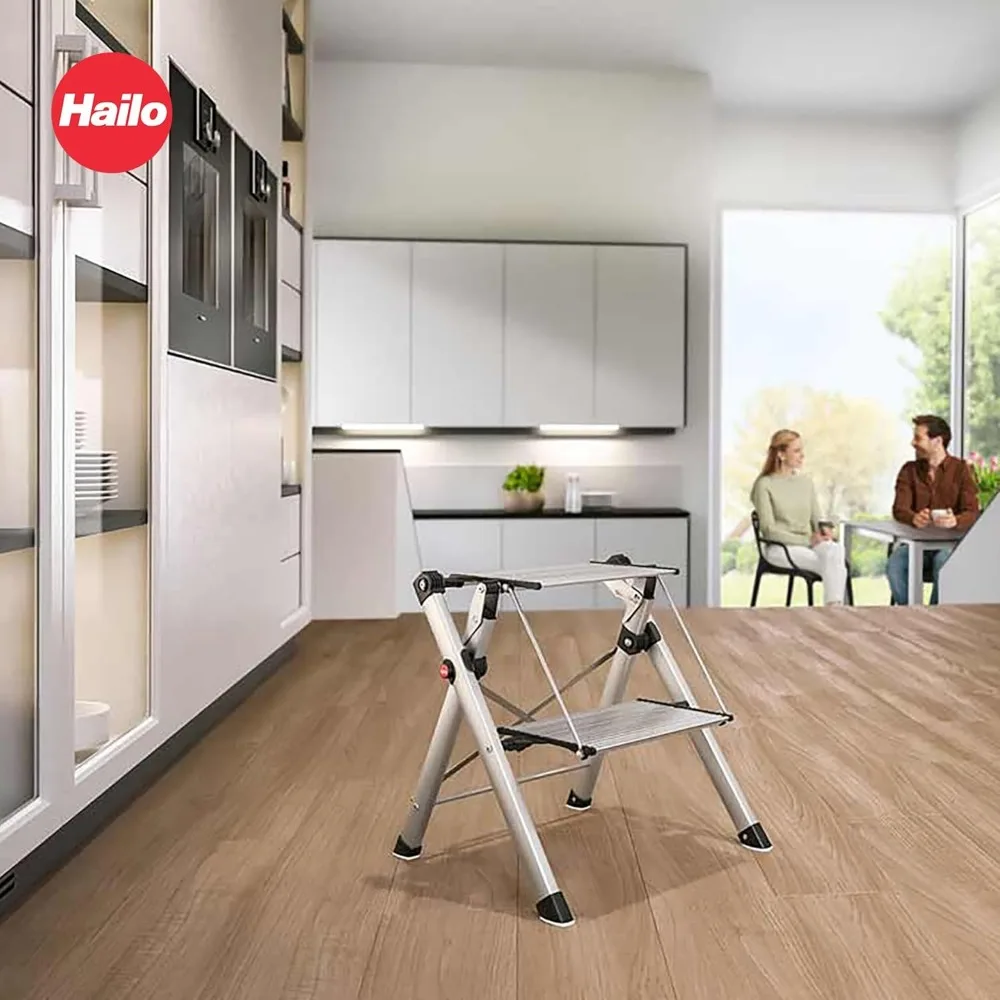 مقعد Hailo MK80 Mini Steel Step Stool - خطوتين كبيرتين مضاد للانزلاق، سعة 330 رطل - زر تحرير أمان، مقبض حمل - سهل Stora #5