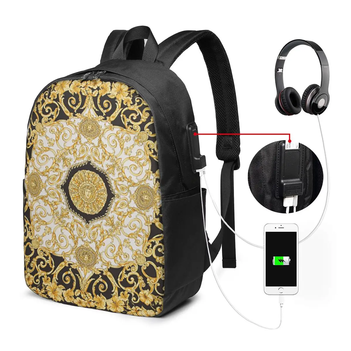 

Decorative Golden Medallion Baroque Backpack Travel Notebook Bag Computer College Student School Bag Laptop Shoulder Bags