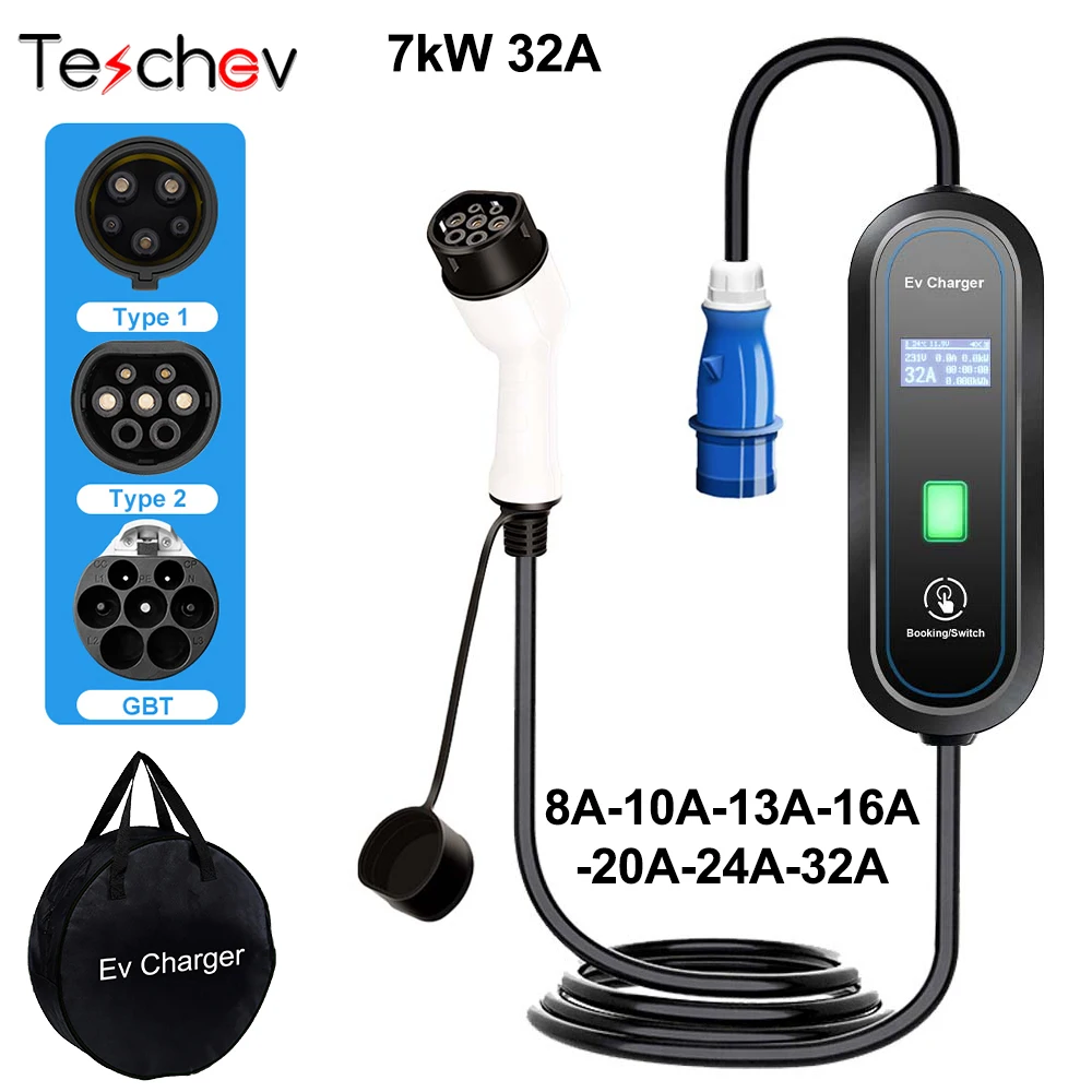 

Teschev EV Portable Charger 7KW Type 2 Type 1 GBT 5M Length 7 Currents modes WallBox With Display Booking Time Car Fast Charge