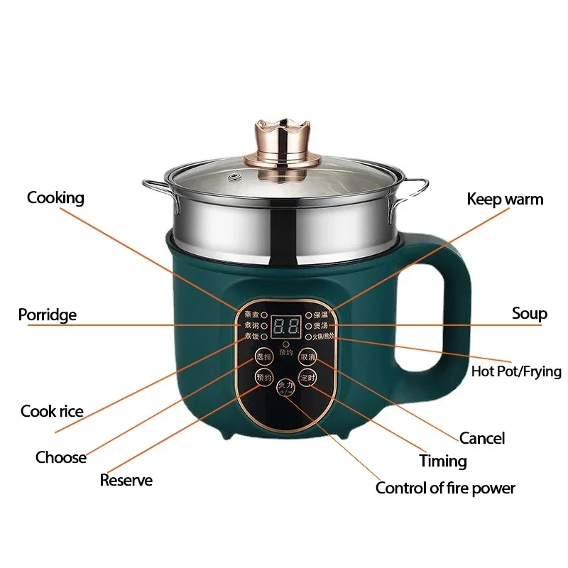 Olla eléctrica multicocción para 1-2 personas, máquina de cocina caliente para estofado, calentamiento de huevos, sopa, sartén antiadherente, Arrocera eléctrica para el hogar