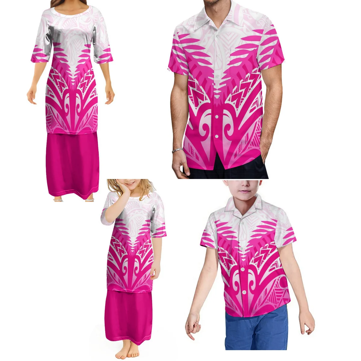 Polynesian Island Style Women'S Crew-Neck Mid-Sleeve Dress Set puletasi Fashion Two-Piece And Men'S Beach Shirt With Family Set