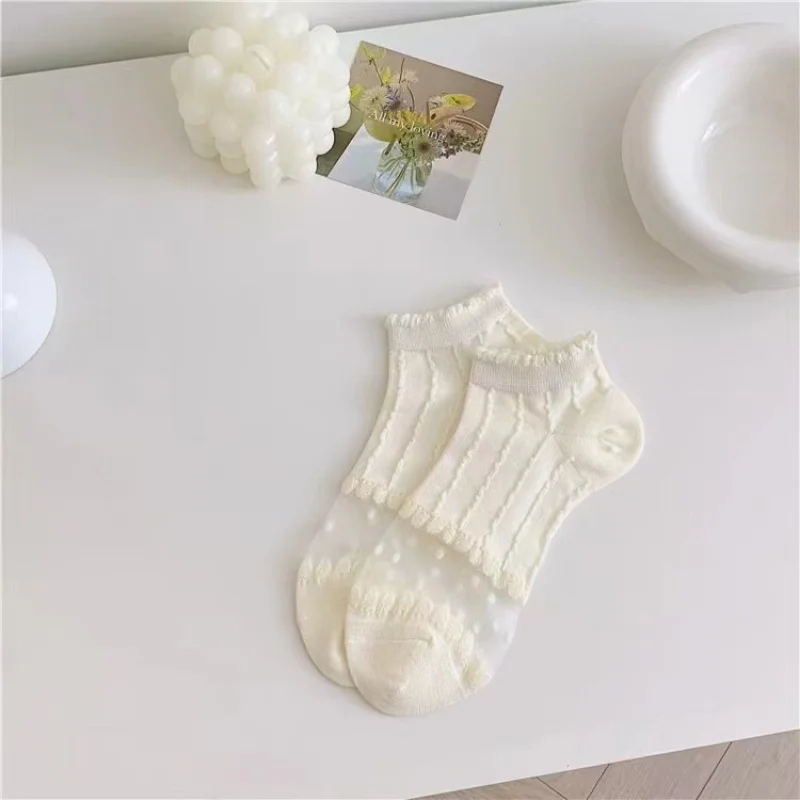 5 Pairs Summer Women White Glass Silk Breathable Sexy Transparent Socks Low Tube Thin Bubble Short Socks