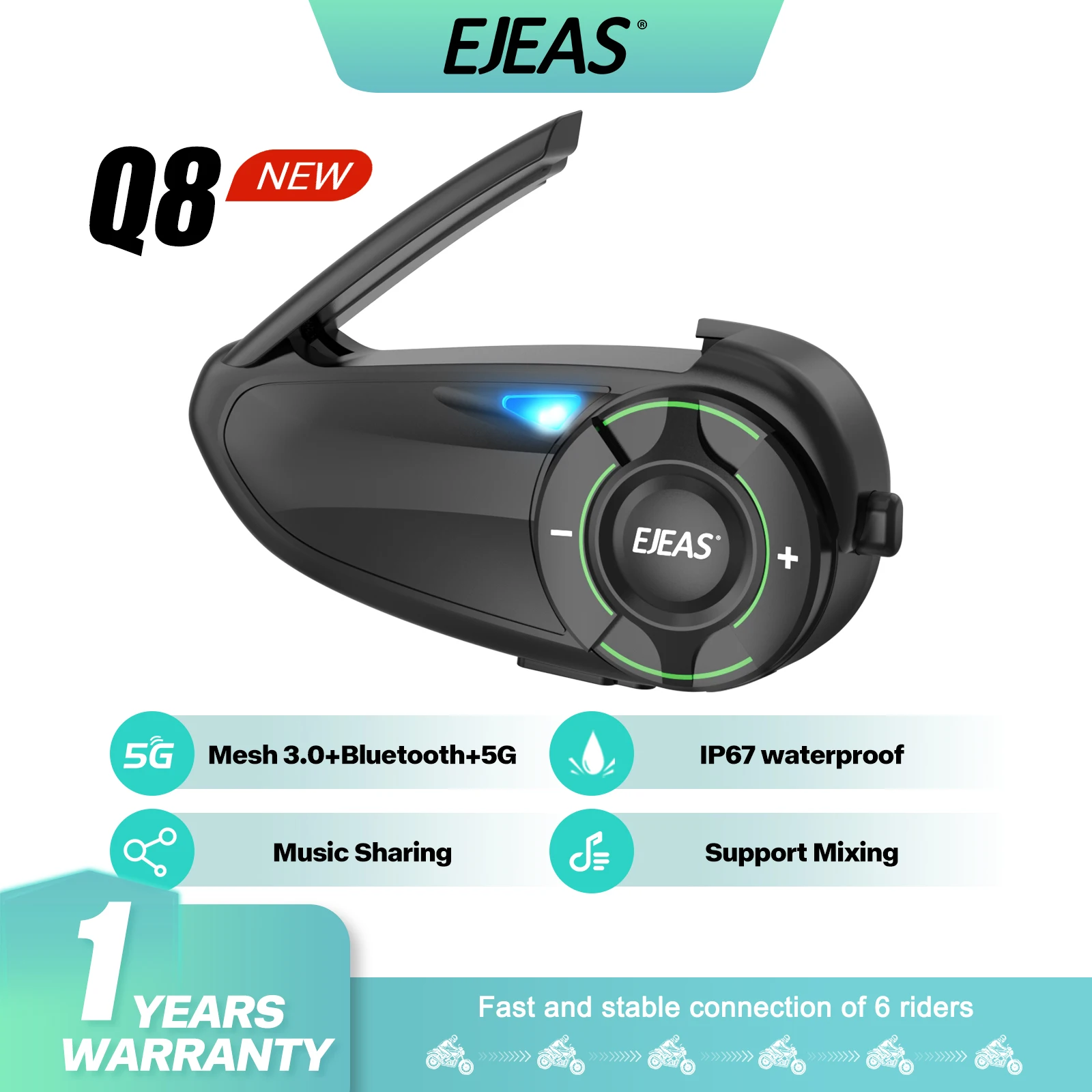 

1/2Pcs Updated EJEAS Q8 Mesh+5G Intercom Motorcycle Helmet Bluetooth Headset For 6 Riders Talking Interphone Music Sharing IP67