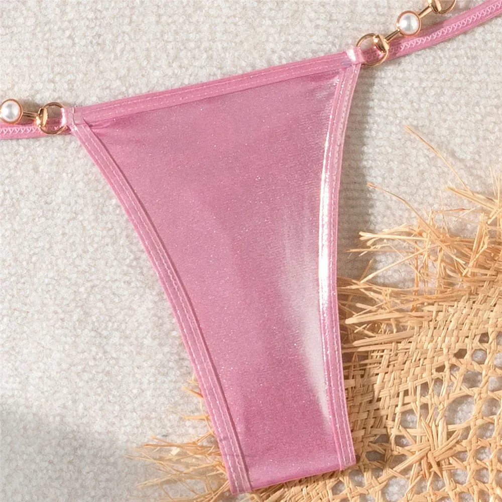 Sexy Pink Shiny Swimwear Halter String Micro Bikinis Set Mujer Triangle Swimsuit Women 2024 Bead Mini Thong Strój kąpielowy kąpiący