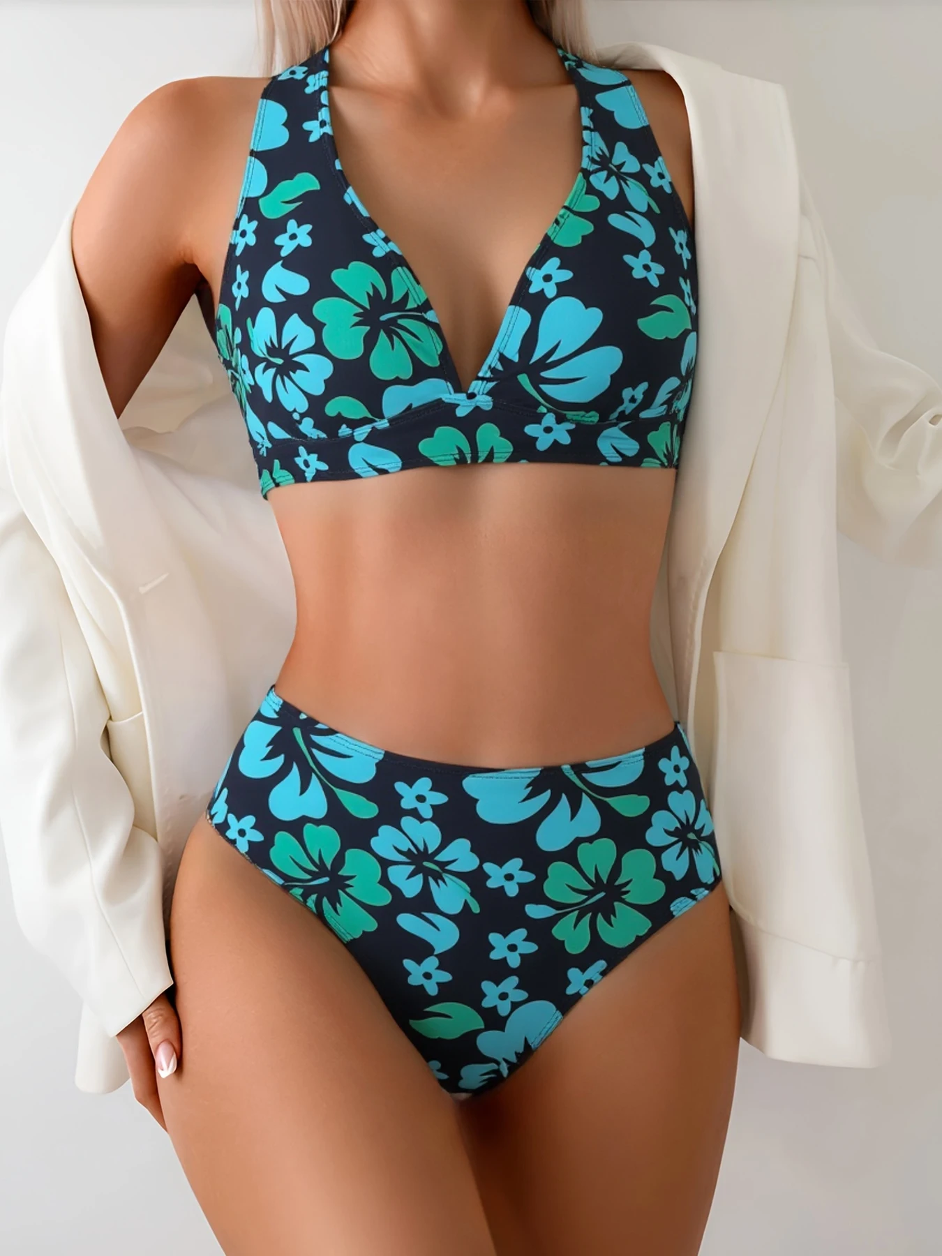 Vintage Black Turquoise Hibiscus Print Halter Bikini, 2 Piece Women's Swimsuit, Retro Hawaiian Style Bathing Suit for Summer Bea - view 4