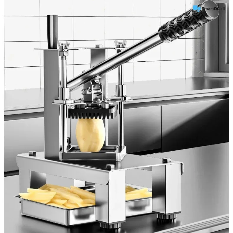 Commercial potato cutter for cucumbers, radishes, potatoes, lettuce and French fries. Vertical kitchen tool.