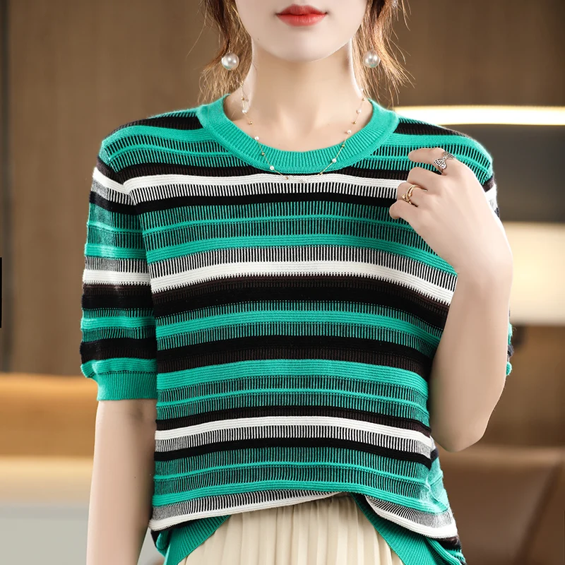 

2024 Summer New Pure Cotton Round Neck Striped Short sleeved Vertical Jacquard Knitwear Bottom Shirt Fashion Top T-shirt