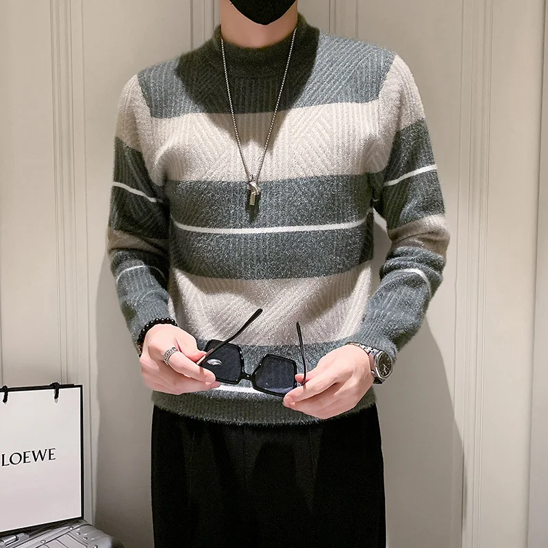 O-Neck Pullover Korean Sweater Color Contrast Geometry Striped Print Knitted Men Pull Homme Fall Winter Brand