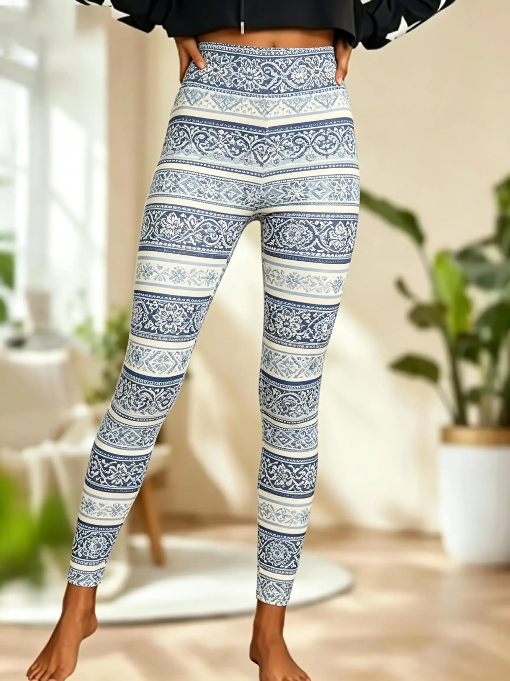 Women Fleece‑lined Mid‑rise Leggings Black White Striped Vintage Lace Geometric Print Slim Stretch Casual Pants