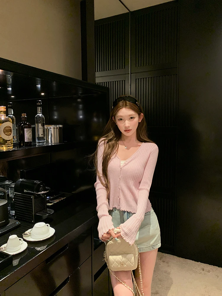 Damski różowy cienki kardigan Chen DaYu, dzianinowy, otwarty, letni, piękny, dopasowany pasek, odzież wierzchnia chroniąca przed słońcem, top w stylu koreańskim Sle S...