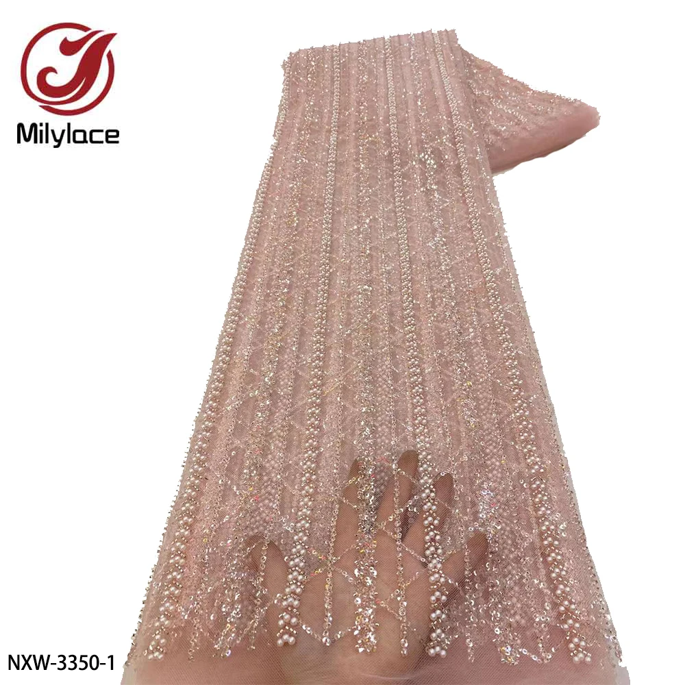 

Luxury French Lace Sequence Laces Fabrics African Tulle Sequins Beaded Lace Embroidery Net Beads Laces Fabric NXW-3350