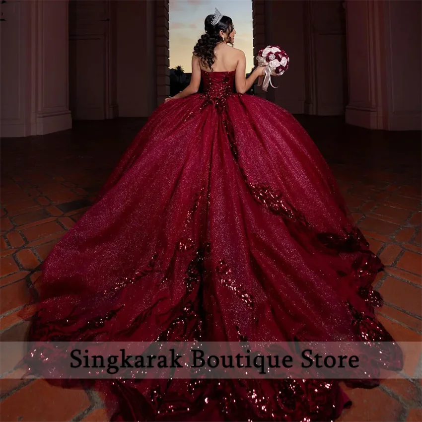 Quinceaneraレッドワインのきらびやかなドレス,カスタマイズされたイブニングドレス,クリスタルビーズ,ダイヤモンドスパンコール,袖付き