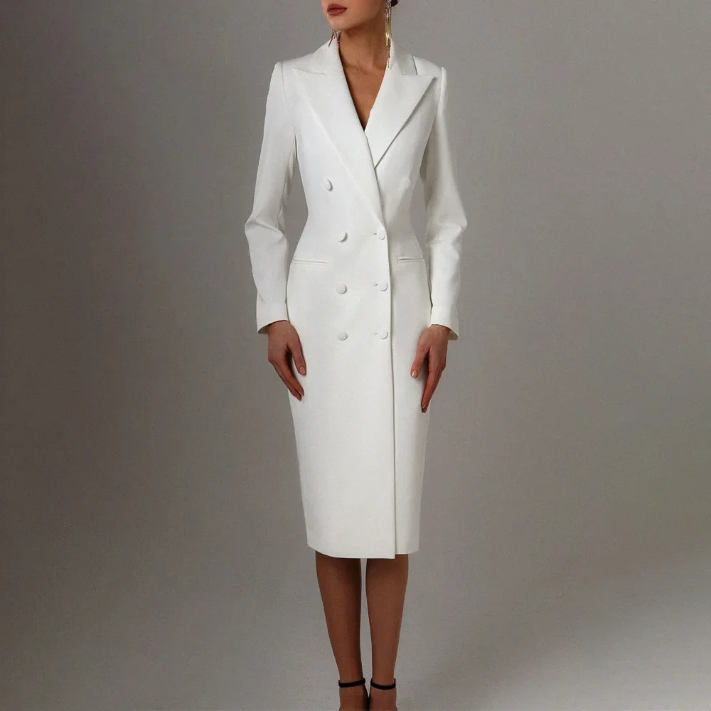 White Women Jacket One Piece Elegant Office Lady Formal Casual New In Outerwears Fashion Basic Double Breasted Tea-Length Coat