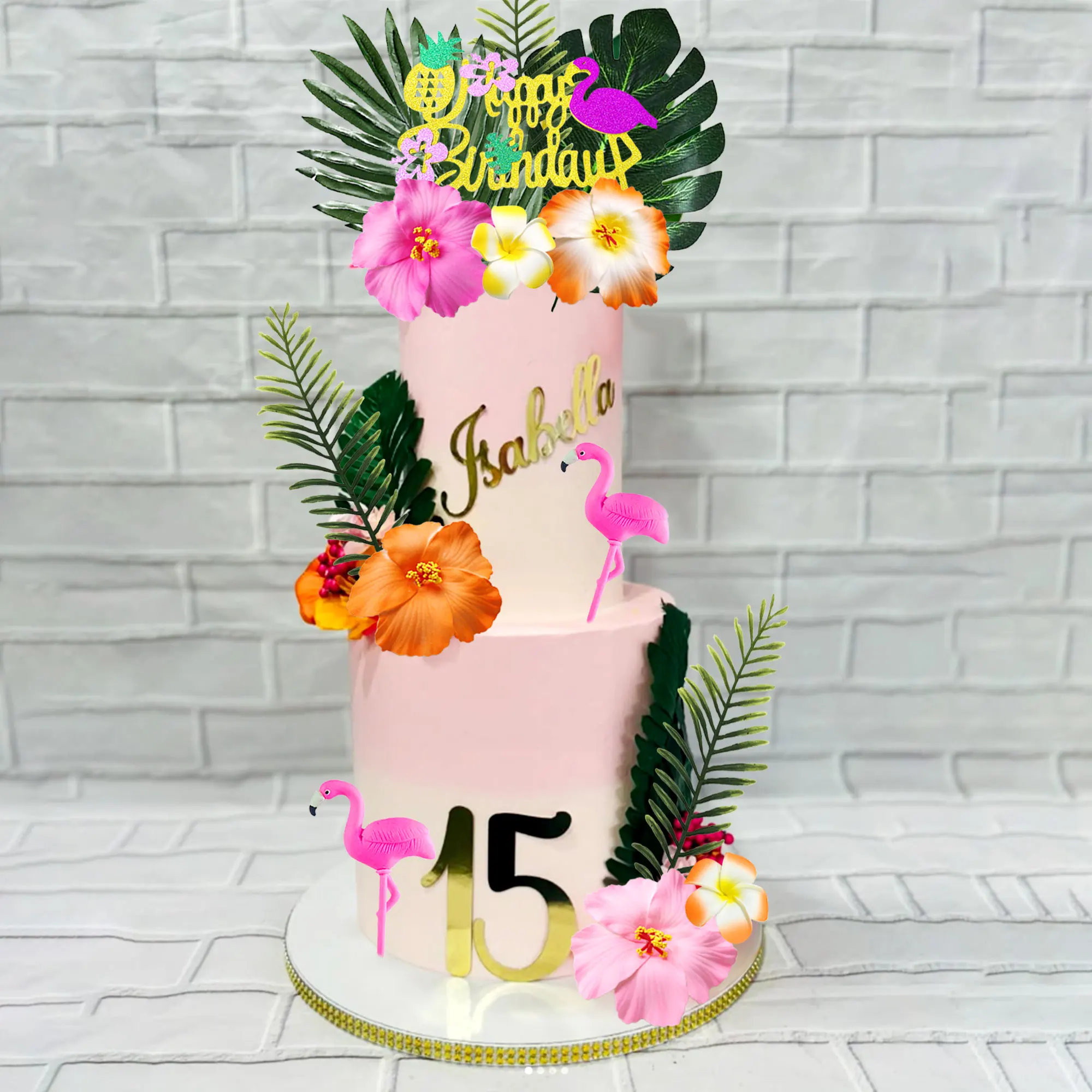LaVenty Tropical Flamingo Geburtstagstorte Topper Strand Kuchen Dekorationen Hawaiianische Kuchen Topper Strand Kuchen Dekorationen für Geburtstag – Detail 3