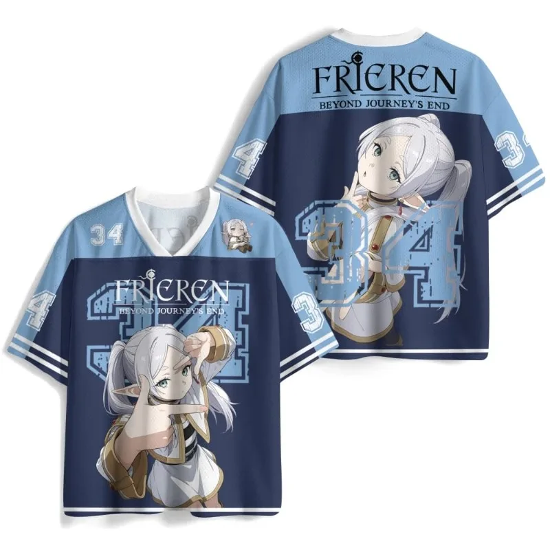 Frieren Beyond Journey's End Cropped Football Jersey Kids Short T‑Shirts Anime Print Streetwear Harajuku Top Cosplay Clothing
