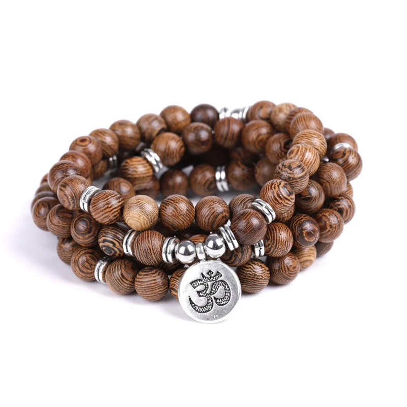 Multilayer Wood Beads Buddha OM Bracelet Tibetan Buddhist Mala Charm Rosary Bracelet Necklace Yoga Wooden For Women Men Jewelry