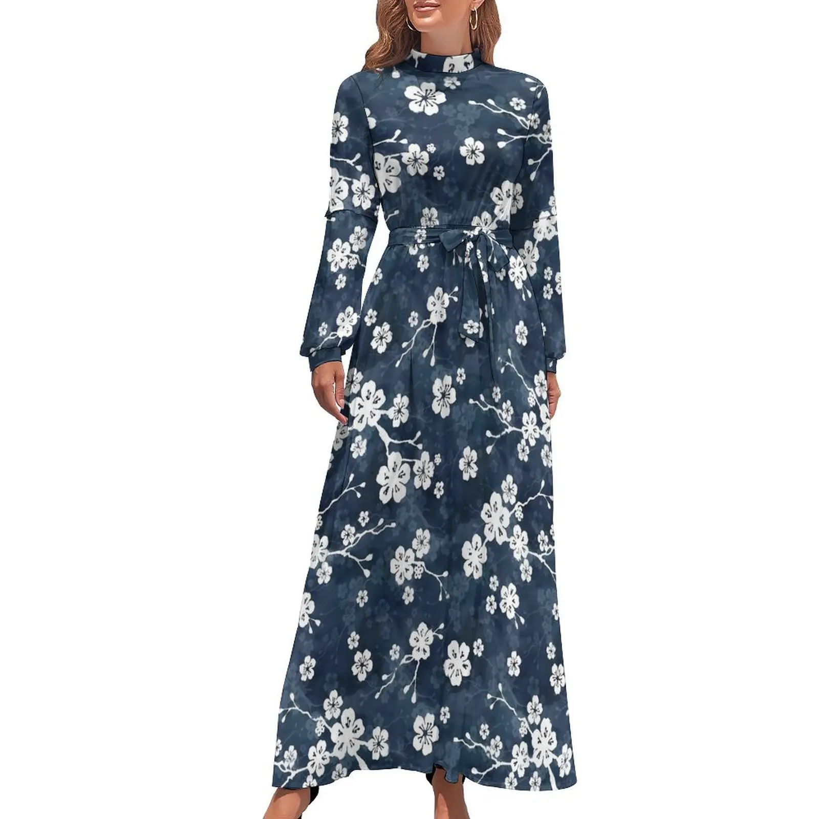 

Blue Fower Print Dress Cherry Blossom Modern Printed Maxi Dress High Waist Long Sleeve Street Style Beach Long Dresses