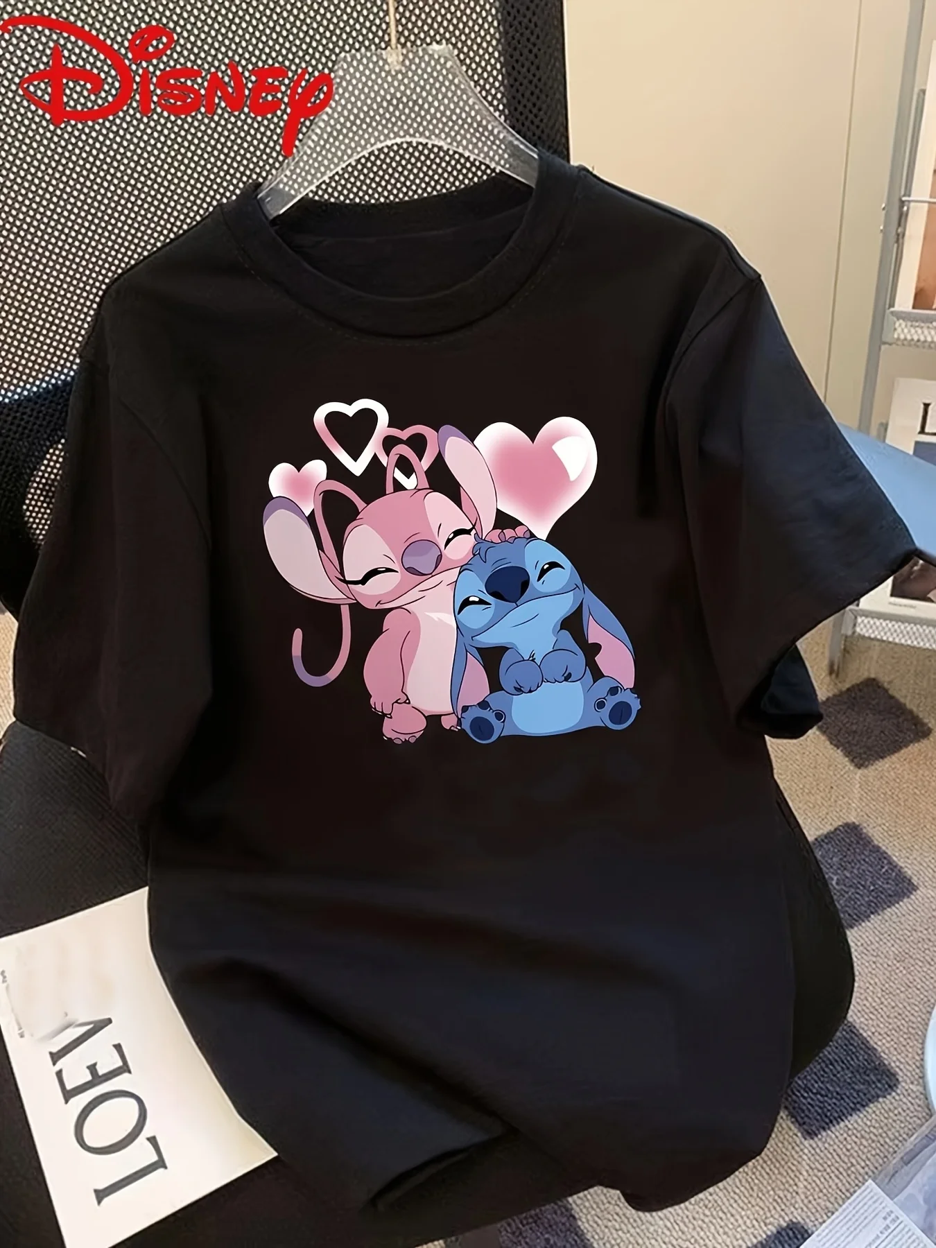

2025 Disney Pattern Printed Women's Casual Comfortable Unique Smiling Face Black Round Neck Short Sleeve T-shirt