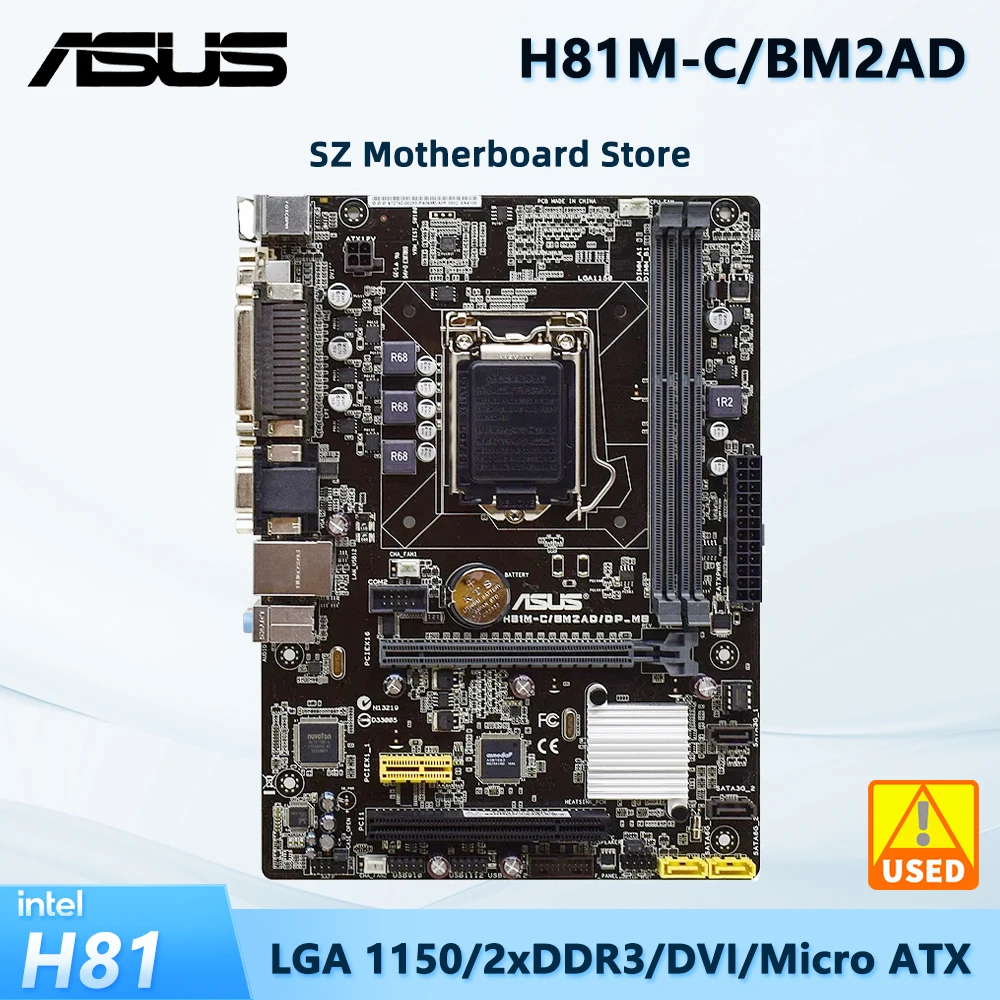 ASUS H81M-C/BM2AD/D Used Motherboard, LGA 1150 Socket, Support Intel Core i5 4570 2x DIMM Max. 16GB DDR3, Micro ATX Mainboard