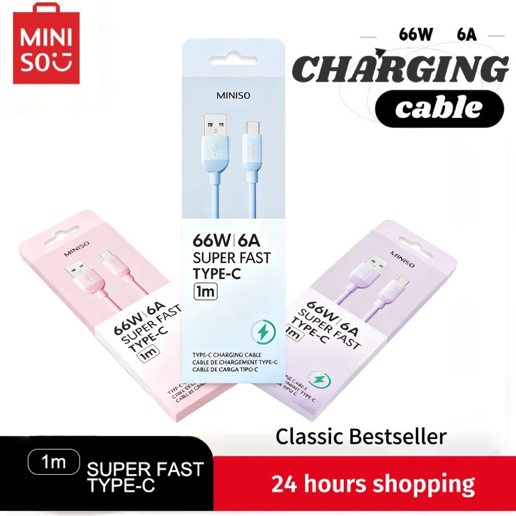 كابل شحن سريع 66 وات 6 أمبير USB إلى Type-C سلك شاحن ناعم من السيليكون لهاتف Samsung Xiaomi Huawei Oppo Redmi - MINISO Premium Pack P