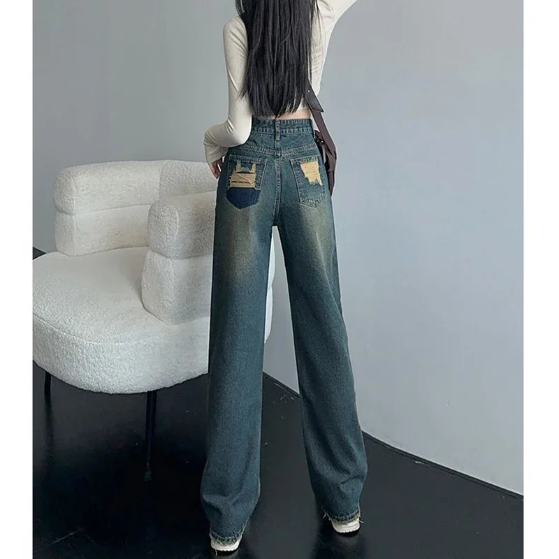 

Female Retro Blue Wide Leg Denim Pants Lady Chic Designer Ripped Jeans Pants Girls High Waisted Baggy Jeans Trousers Size S-XL
