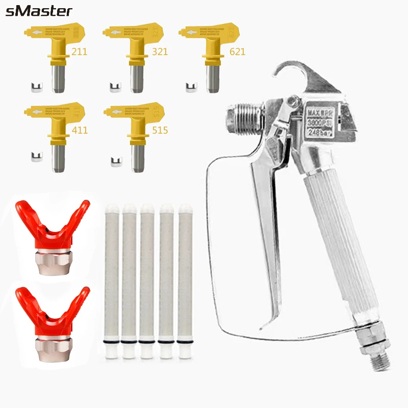 sMaster Airless Paint Spray Gun High Pressure 3600 PSI with 5 x Tip 211，321，621，411，515and 5 x filters