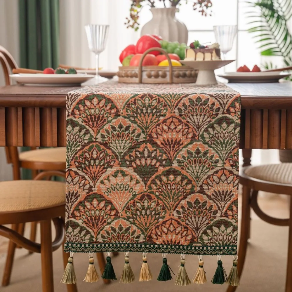 

Home Decoration Vintage Jacquard Table Runner Flower Pattern with Tassel Tablecloth Thickened Table Cover Dinner Party