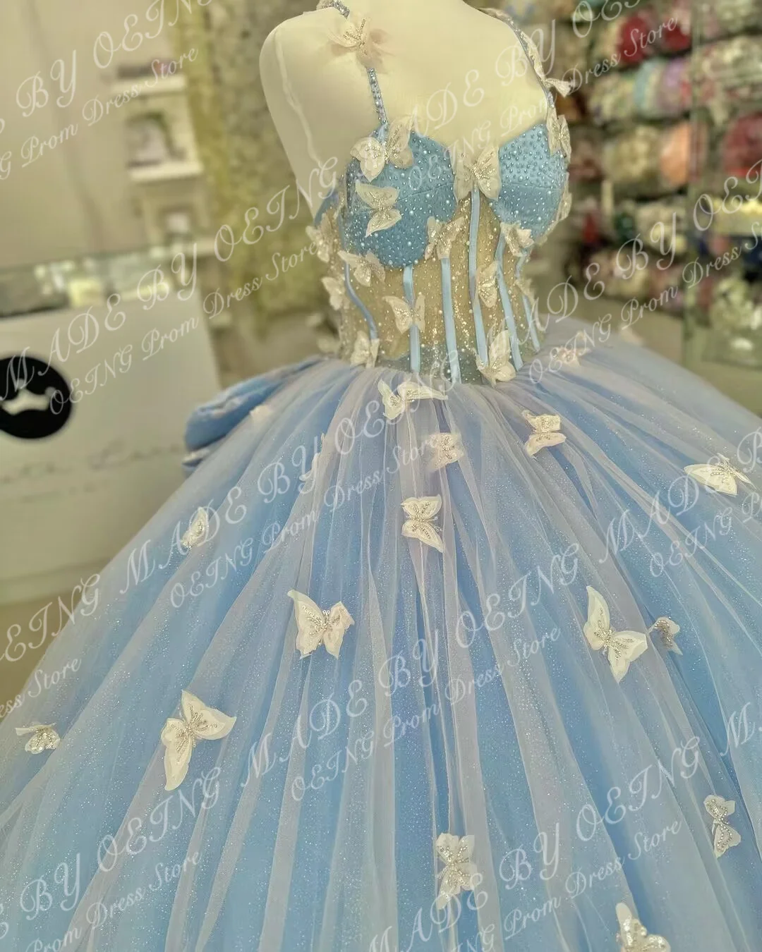 OEING Pretty Sky Blue quinceañera, vestido de baile con purpurina, escote Corazón, apliques de lazo, dulce 16, 15, fiesta de cumpleaños, graduación