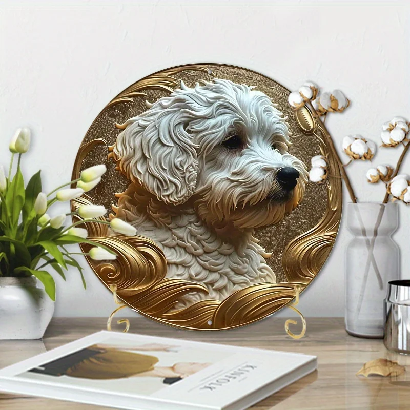 1pc 8x8inch Aluminum Metal Sign Round Sign Design A Dog Posed In What Looks Like (1)for Home Decor, Wall Decor