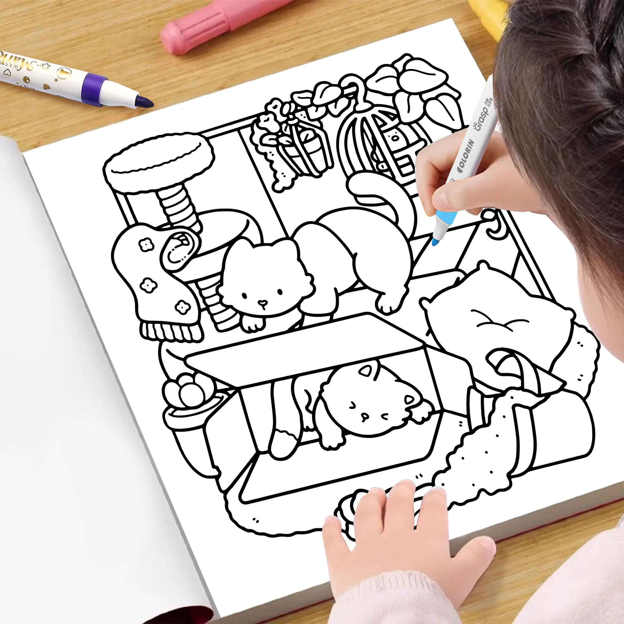 Juego de libros para colorear para adultos, adorables aventuras para mascotas, colorear fácil y relajante para padres, unido para niños en casa
