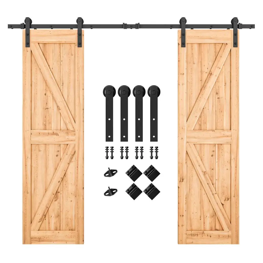 Heavy Duty Double Barn Door Hardware Kit 8.2FT Smooth & Quiet Sliding Operation Easy Install with Step-by-Step Guide Supports