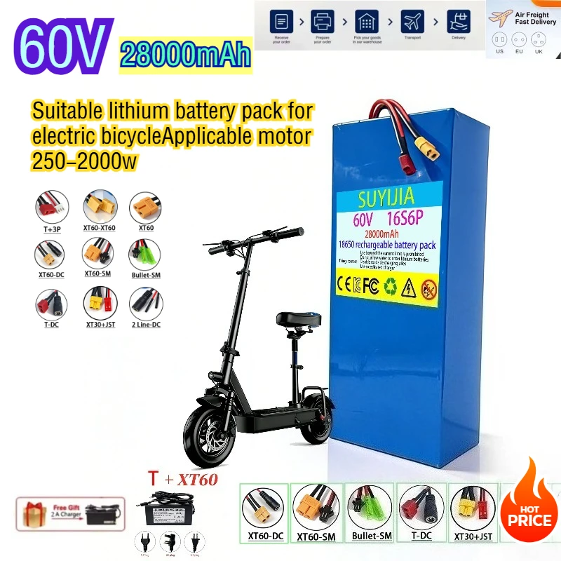 60V 28Ah 28000mah 16S6P Motorcycle Scooter Bicycle Lithium Battery 1000W 1200W 1500W 2000W Motor with BMS  XT60 DC +charger