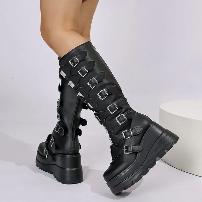 Long Boots for Women Gothic Shoes Platform Knee High Boots Punk Black Sexy Motorcycles Boots New Halloween Cosplay Women's Shoes view 6