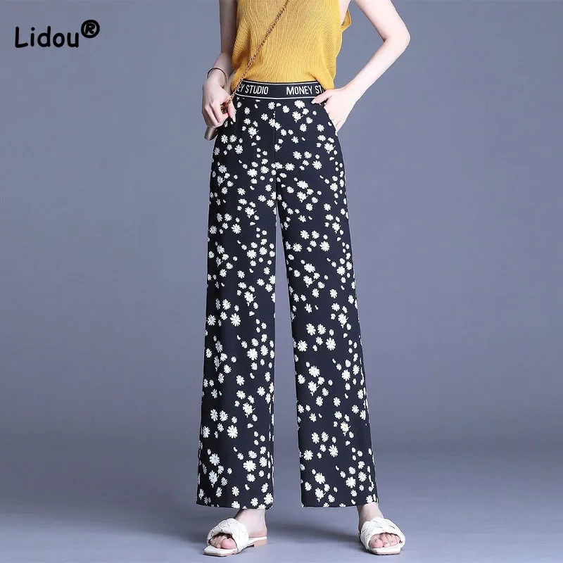 

Summer Casual Floral Print Wide Leg Pants for Women Korean Fashion Elastic High Waist Loose Straight Trousers Female Clothing